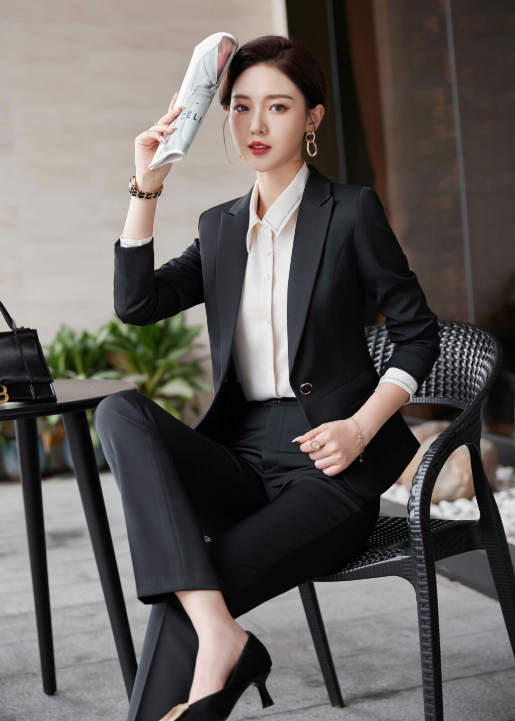 PN3499-7 ชุดสูททำงานผู้หญิงสีดำปกป้านพร้อมมากางเกง