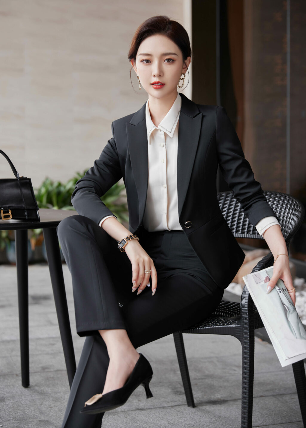 PN3499-8 ชุดสูททำงานผู้หญิงสีดำปกป้านพร้อมมากางเกง