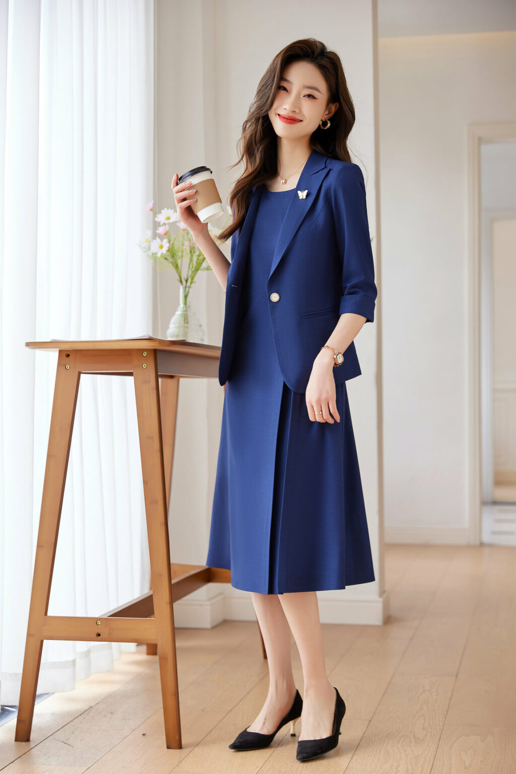PN3556-2 ชุดสูททำงานผู้หญิงสีน้ำเงินมาพร้อมเดรสยาวแขนห้าส่วน