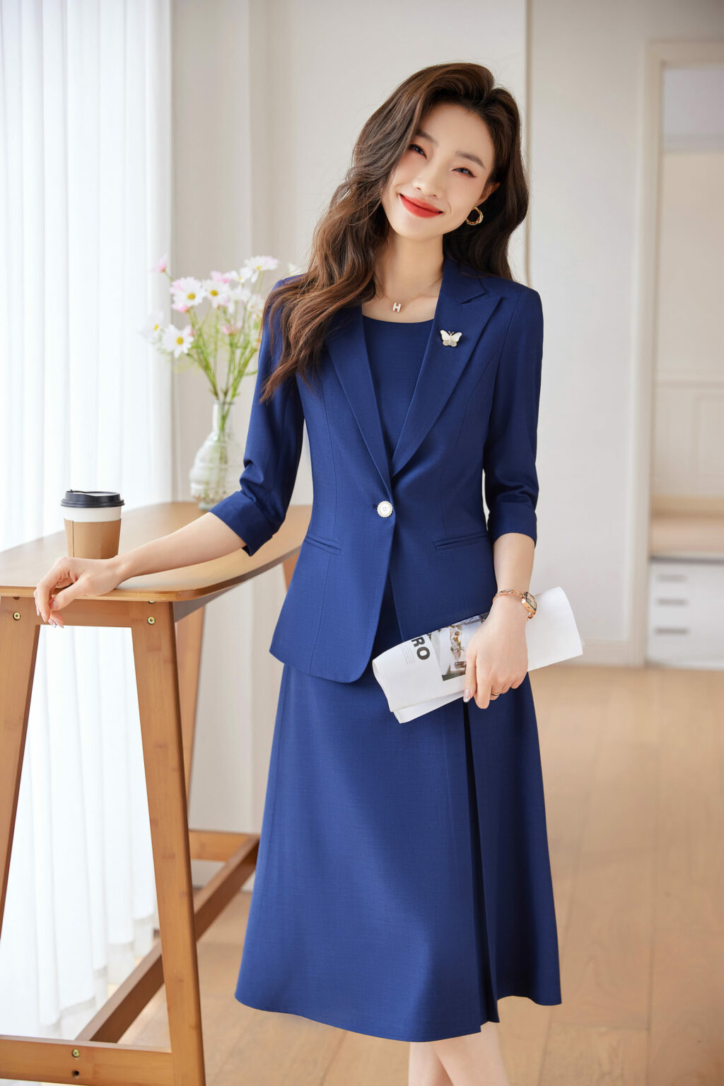 PN3556-5 ชุดสูททำงานผู้หญิงสีน้ำเงินมาพร้อมเดรสยาวแขนห้าส่วน