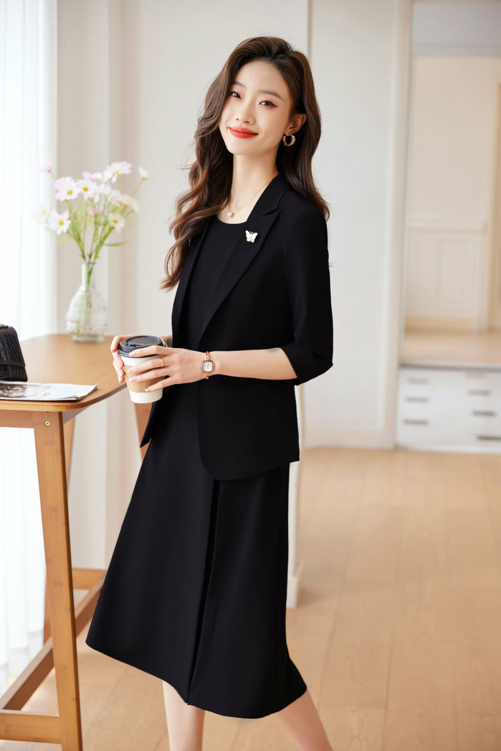 PN3557-5 ชุดสูททำงานผู้หญิงสีดำมาพร้อมเดรสยาวแขนห้าส่วน