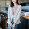เสื้อสูทเบลเซอร์ทำงานผู้หญิงปกป้านสีครีมแต่งปกชมพูแขนยาว