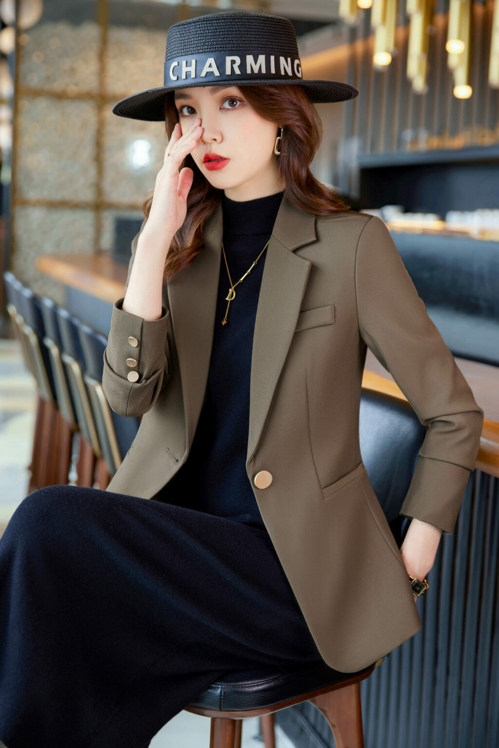 PN3571-5 เสื้อสูทเบลเซอร์ทำงานผู้หญิงสีน้ำตาลปกป้านแขนยาว