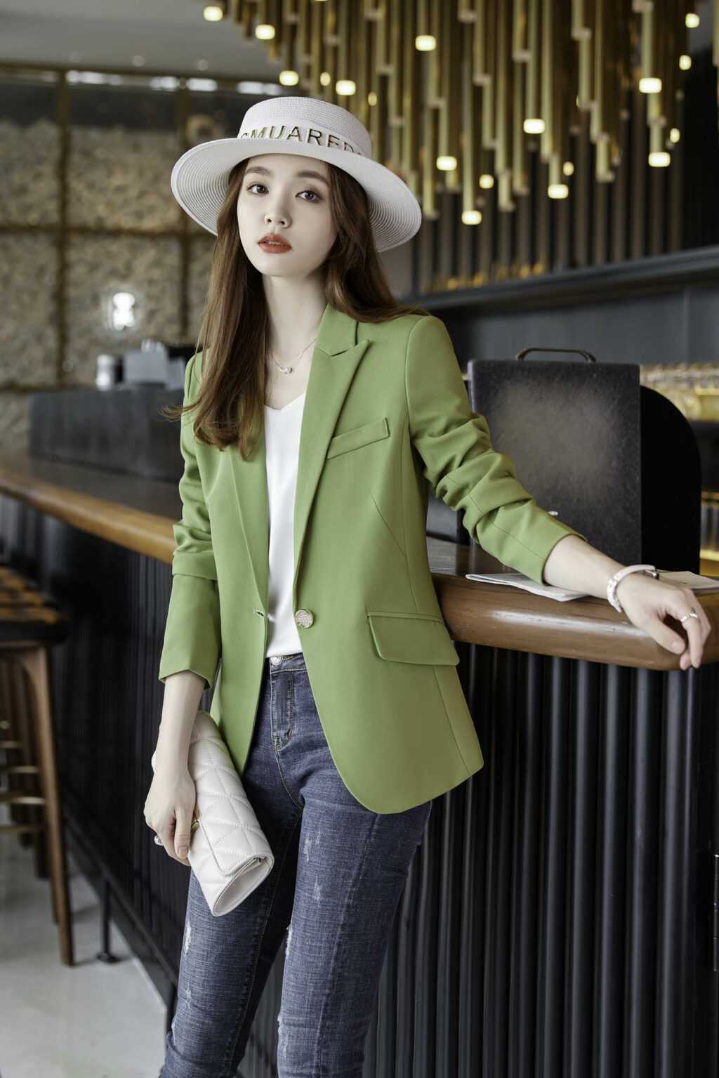 PN3575-3 เสื้อสูทเบลเซอร์ทำงานผู้หญิงสีเขียวปกป้านแขนยาว