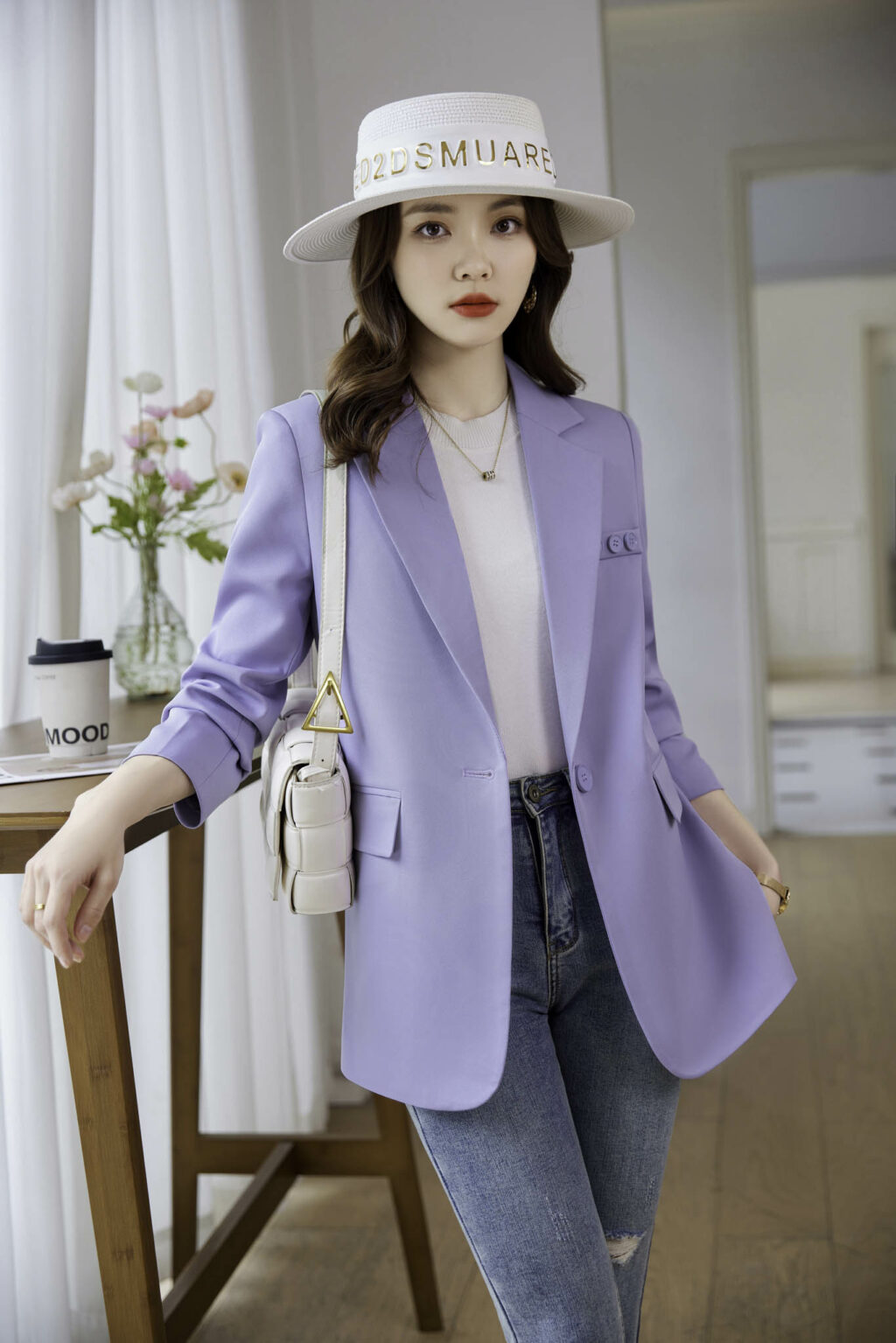 PN3588-1 เสื้อเบลเซอร์ผู้หญิงสีม่วงแต่งกระดุมบนแขนยาว