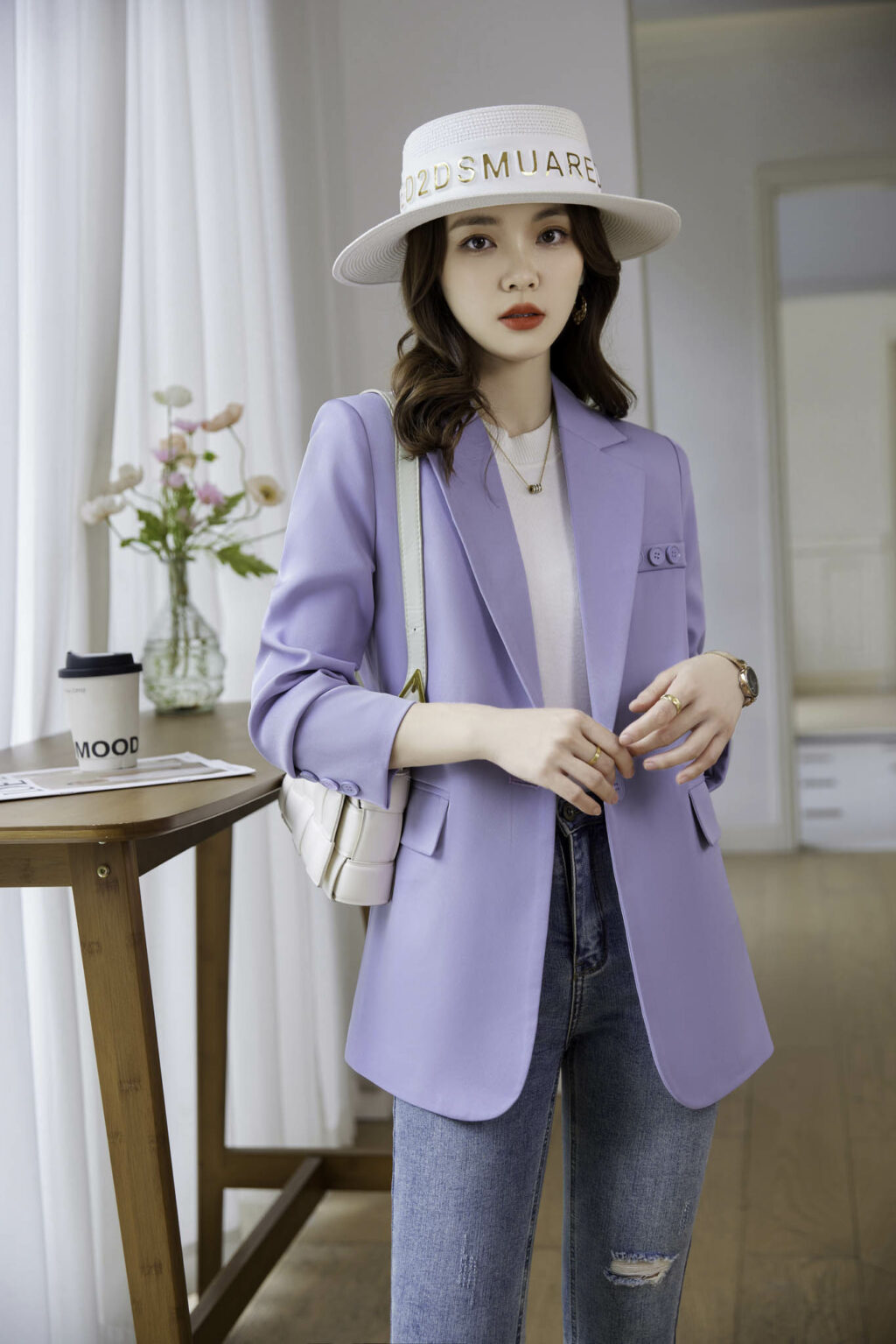 PN3588-3 เสื้อเบลเซอร์ผู้หญิงสีม่วงแต่งกระดุมบนแขนยาว