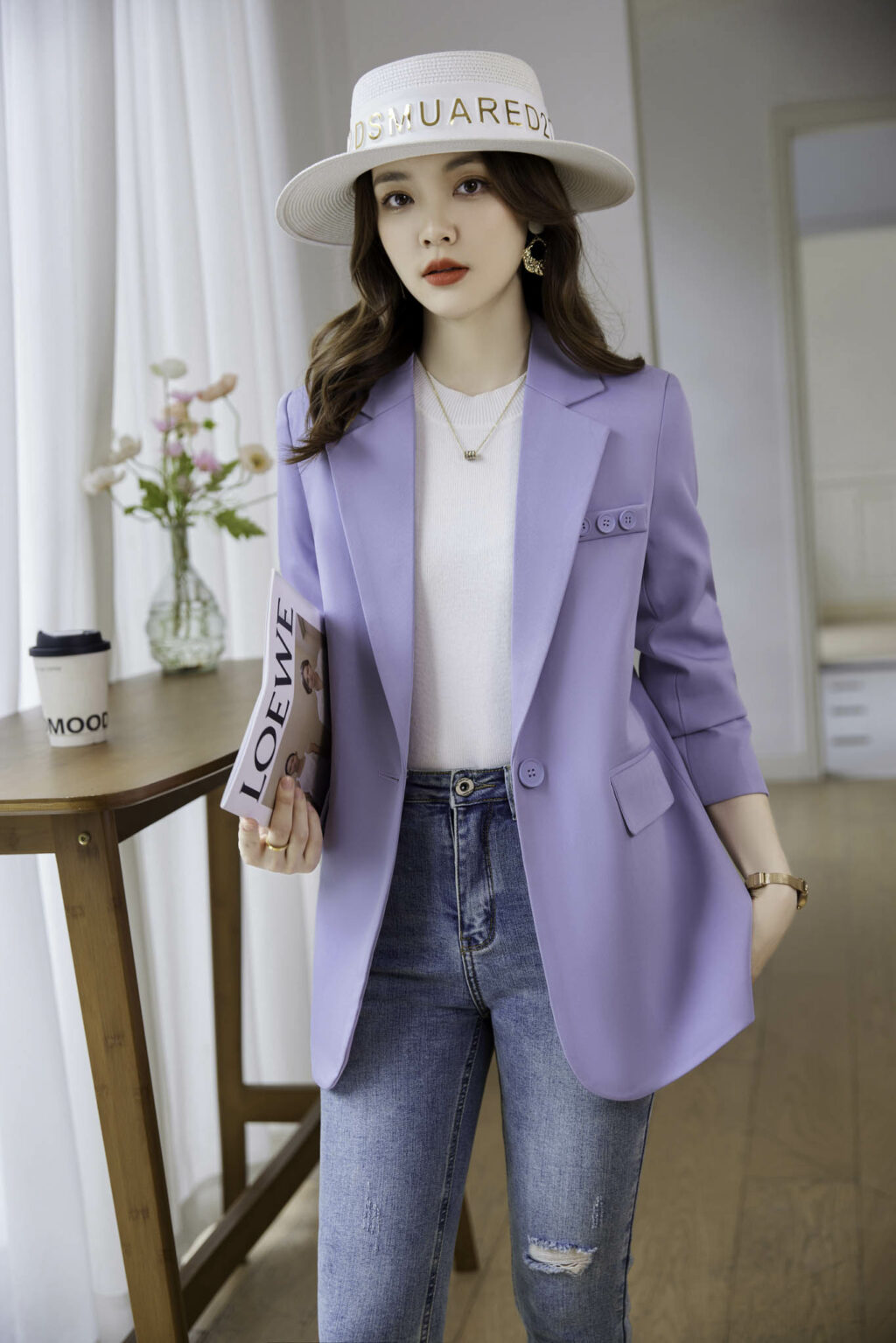 PN3588-4 เสื้อเบลเซอร์ผู้หญิงสีม่วงแต่งกระดุมบนแขนยาว