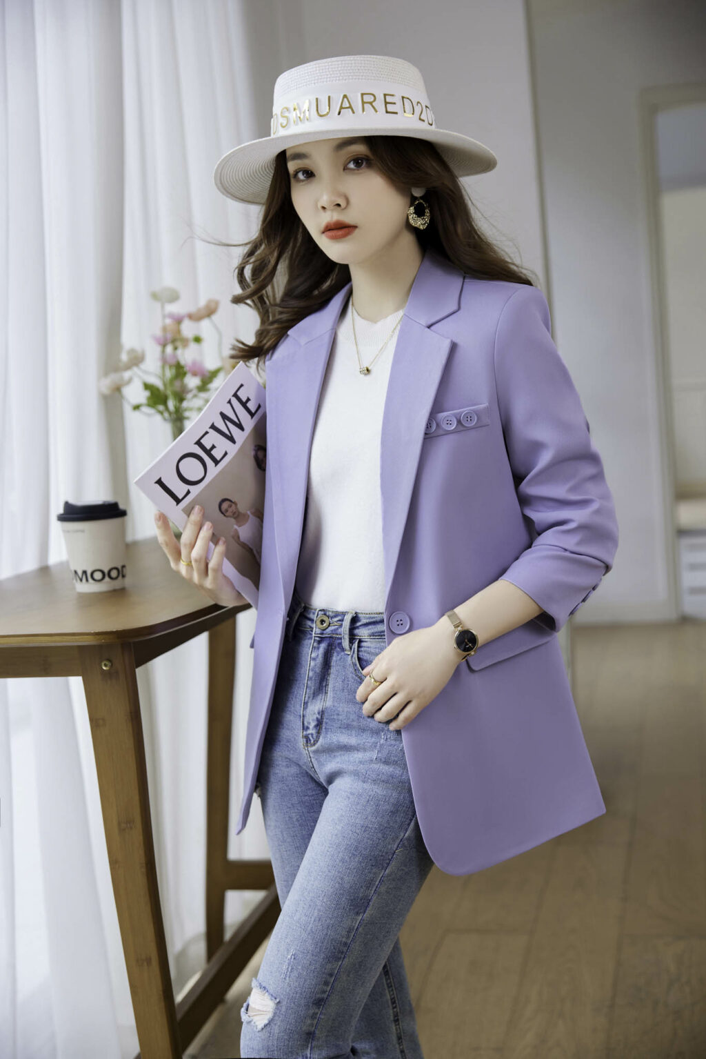 PN3588-5 เสื้อเบลเซอร์ผู้หญิงสีม่วงแต่งกระดุมบนแขนยาว