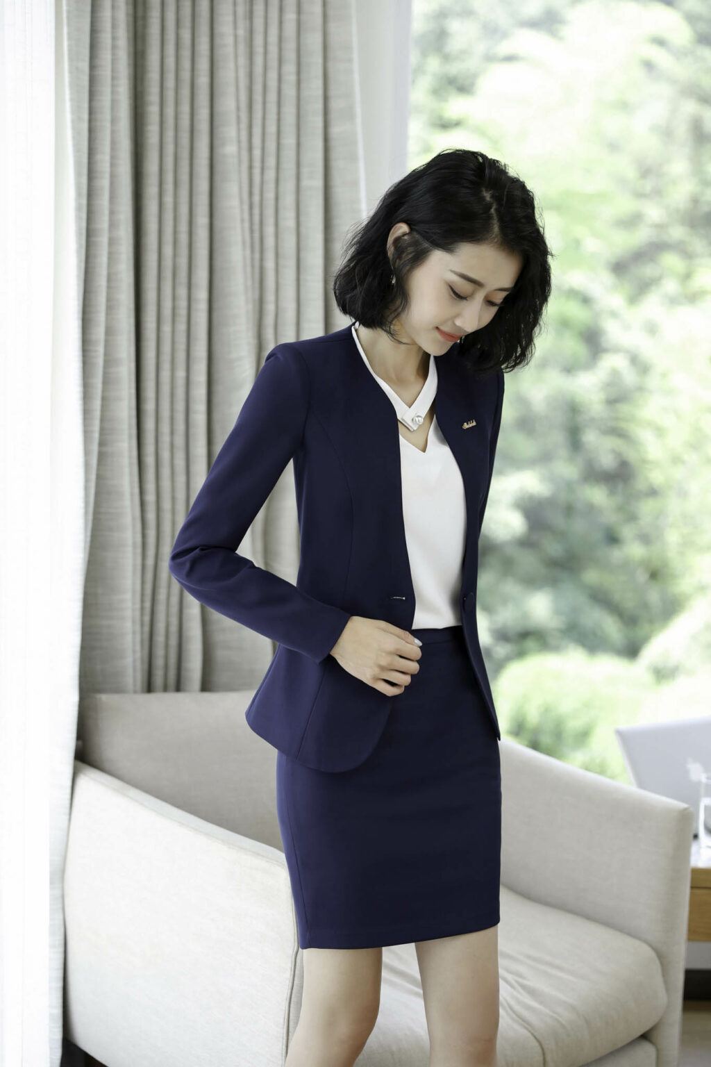 PN3597-10 ชุดสูททำงานสีน้ำเงินไม่แต่งปกมาพร้อมกระโปรง