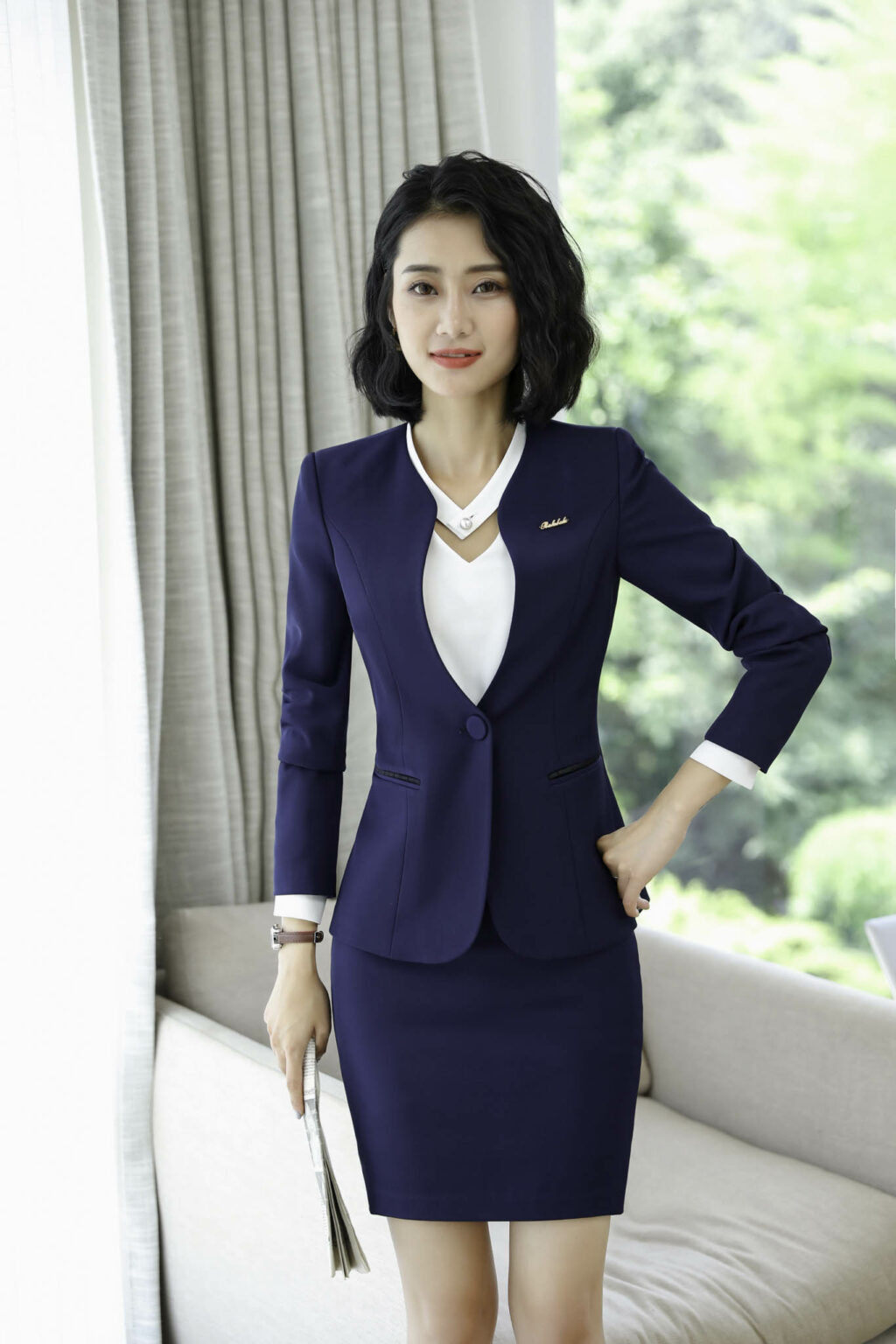 PN3597-6 ชุดสูททำงานสีน้ำเงินไม่แต่งปกมาพร้อมกระโปรง