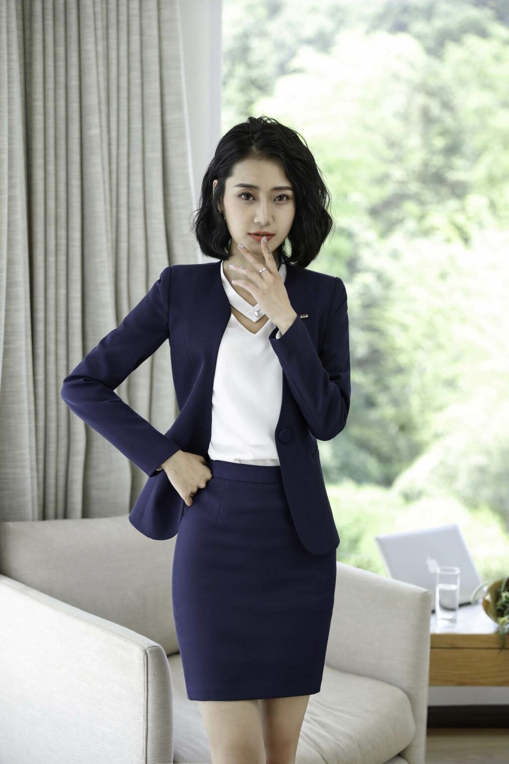PN3597-7 ชุดสูททำงานสีน้ำเงินไม่แต่งปกมาพร้อมกระโปรง
