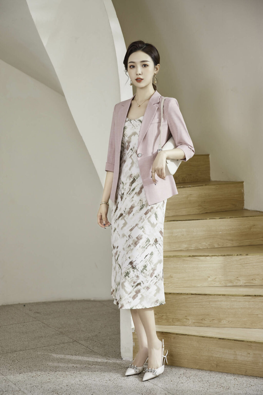 PN3638-3 เสื้อสูทเบลเซอร์ทำงานผู้หญิงสีชมพูปกป้านแขนสามส่วน