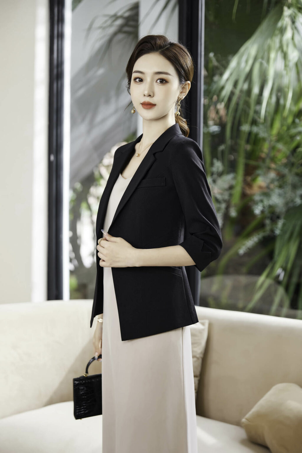 PN3640-6 เสื้อสูทเบลเซอร์ทำงานผู้หญิงสีดำปกป้านแขนสามส่วน