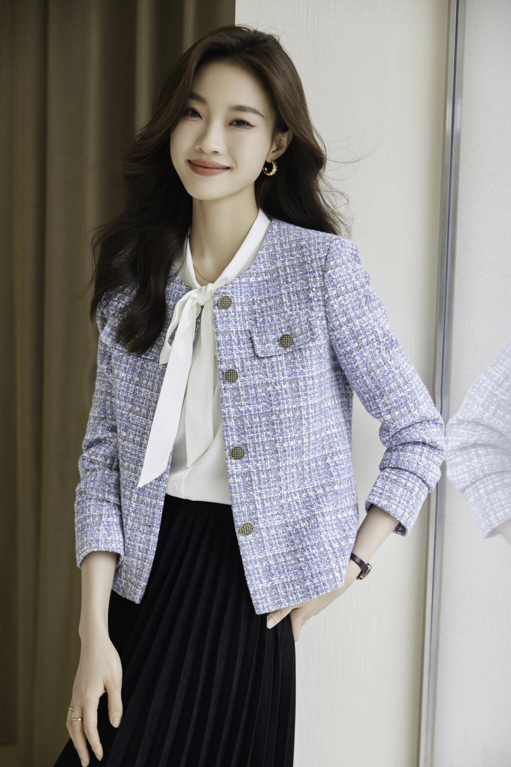 PN3642-4 เสื้อเบลเซอร์ทำงานผู้หญิงสีฟ้าแต่งกระดุมแขนยาว