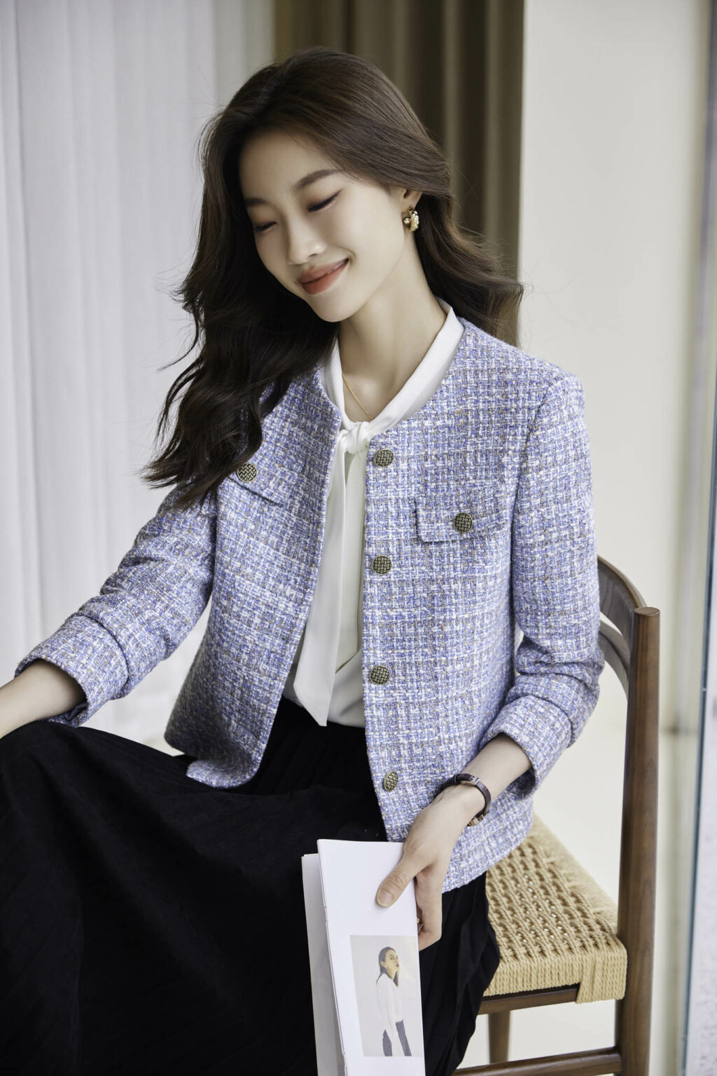 PN3642-5 เสื้อเบลเซอร์ทำงานผู้หญิงสีฟ้าแต่งกระดุมแขนยาว