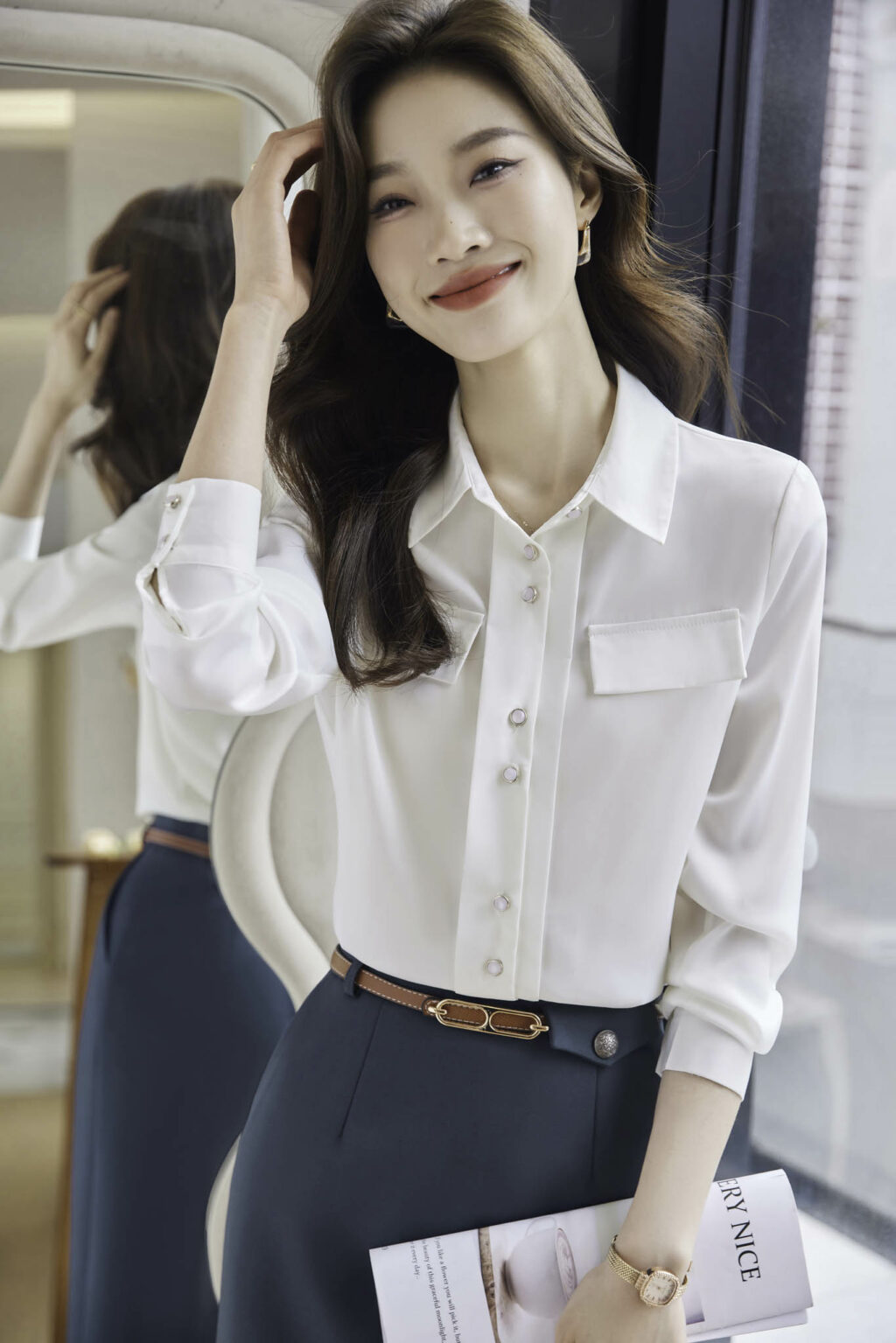 PN3645-8 เสื้อเชิ้ตทำงานผู้หญิงสีขาวคอปกแต่งกระดุมแต่งแขนยาว