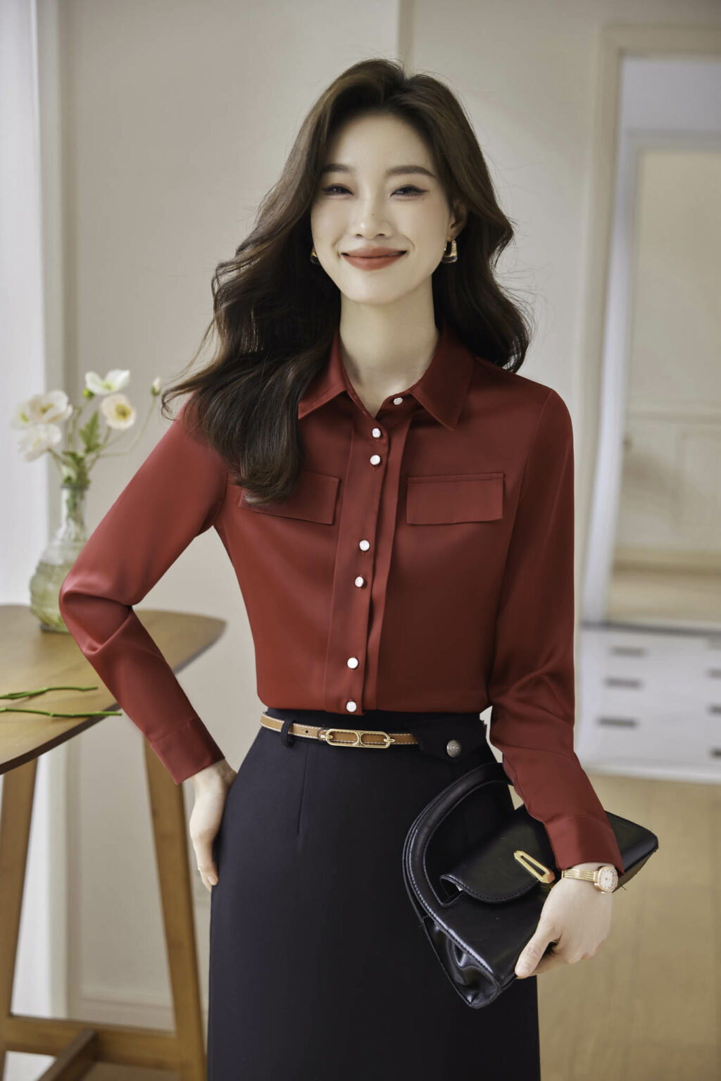PN3646-6 เสื้อเชิ้ตทำงานผู้หญิงสีแดงคอปกแต่งกระดุมแต่งแขนยาว