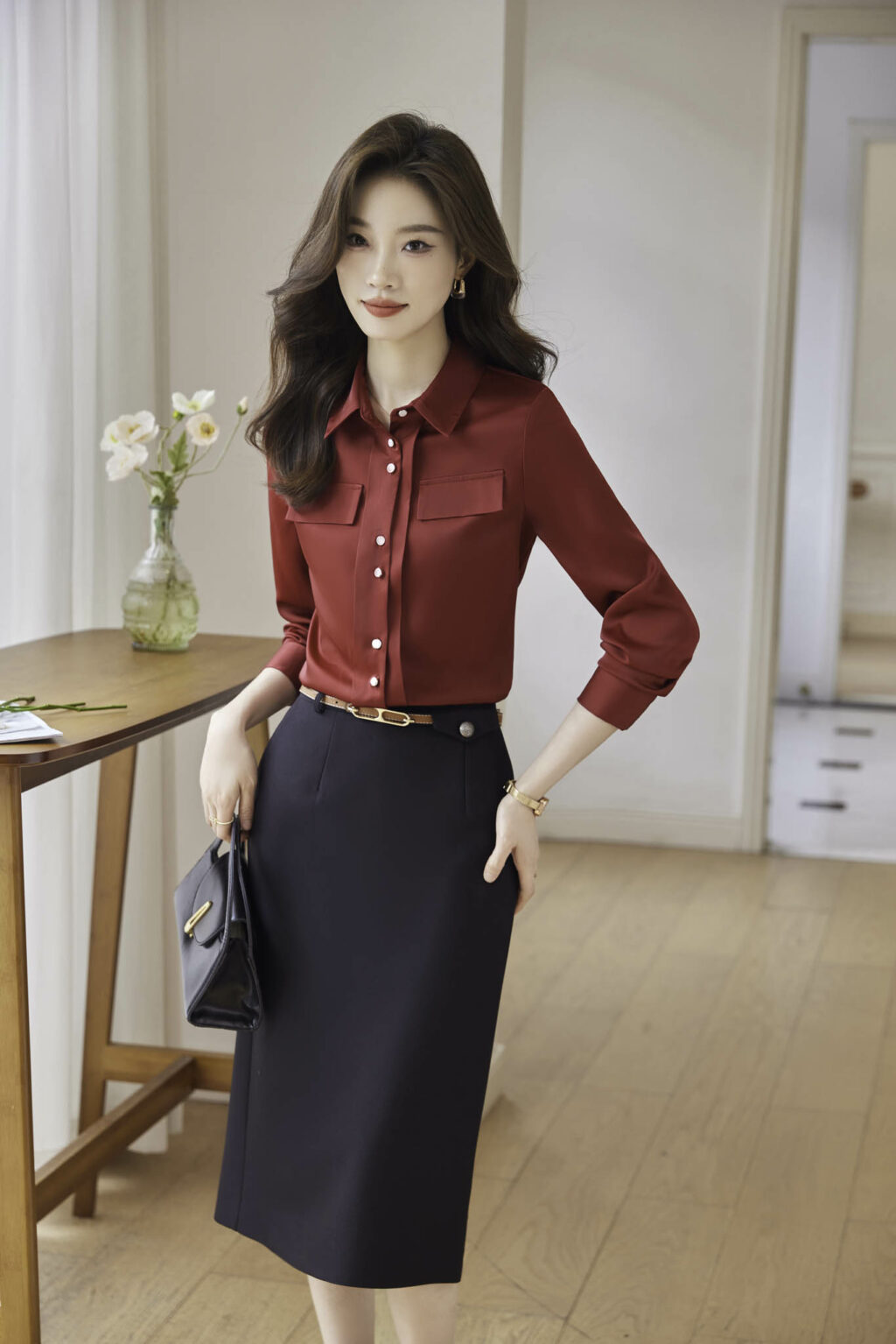 PN3646-7 เสื้อเชิ้ตทำงานผู้หญิงสีแดงคอปกแต่งกระดุมแต่งแขนยาว