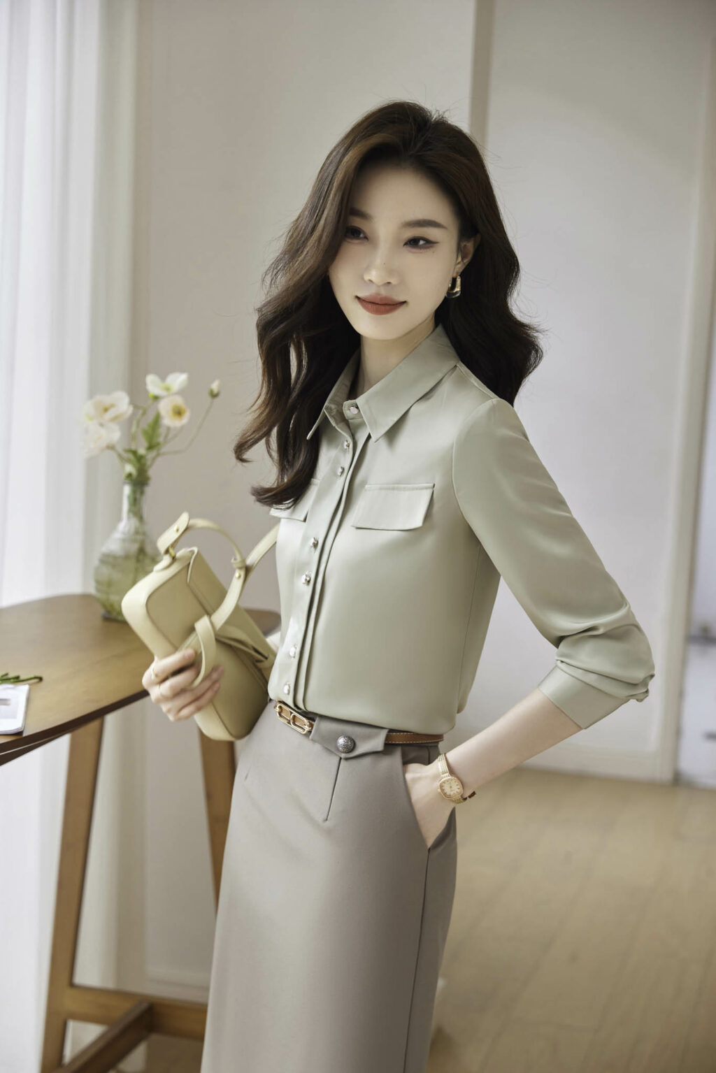 PN3647-4 เสื้อเชิ้ตทำงานผู้หญิงสีเขียวคอปกแต่งกระดุมแต่งแขนยาว