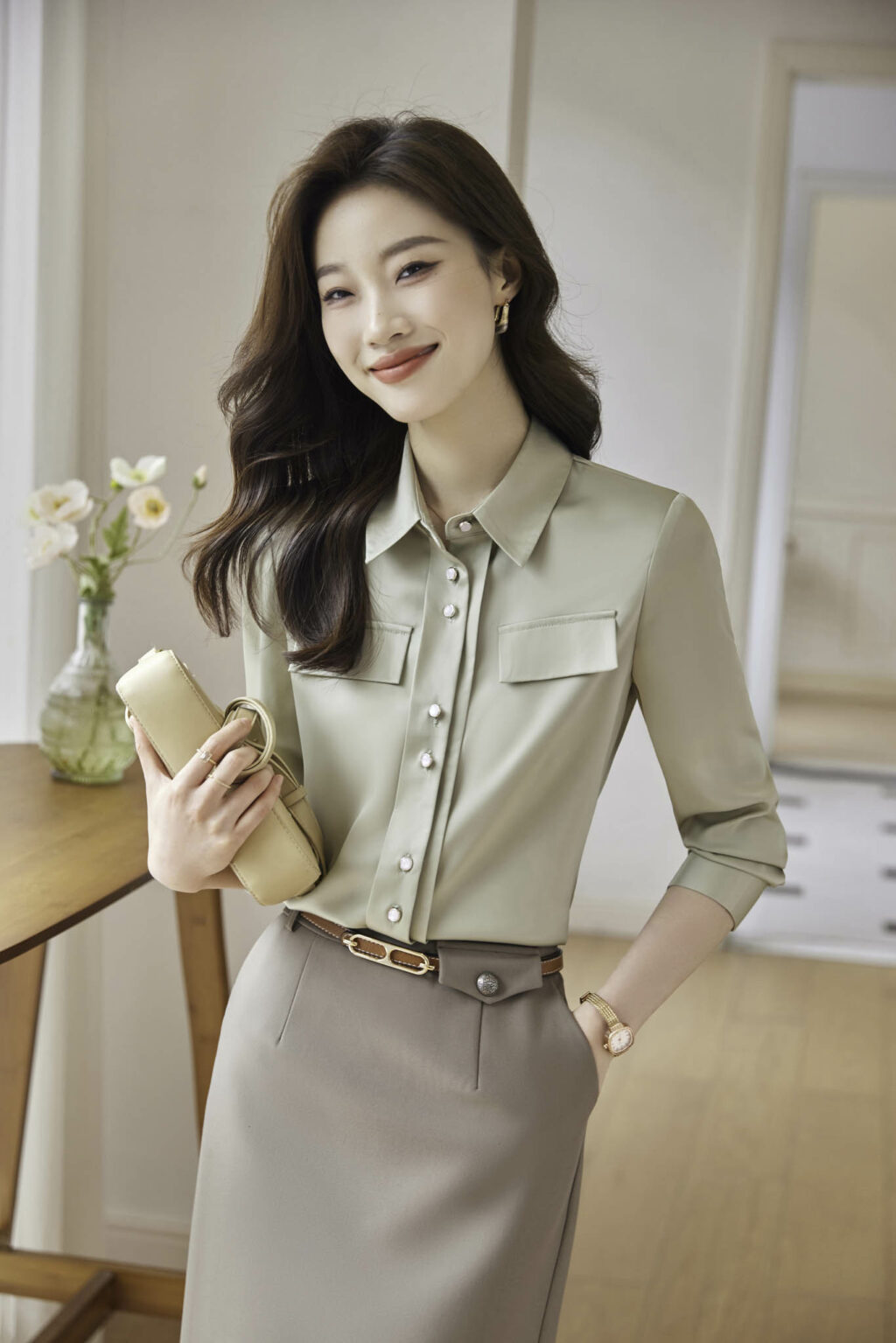 PN3647-5 เสื้อเชิ้ตทำงานผู้หญิงสีเขียวคอปกแต่งกระดุมแต่งแขนยาว