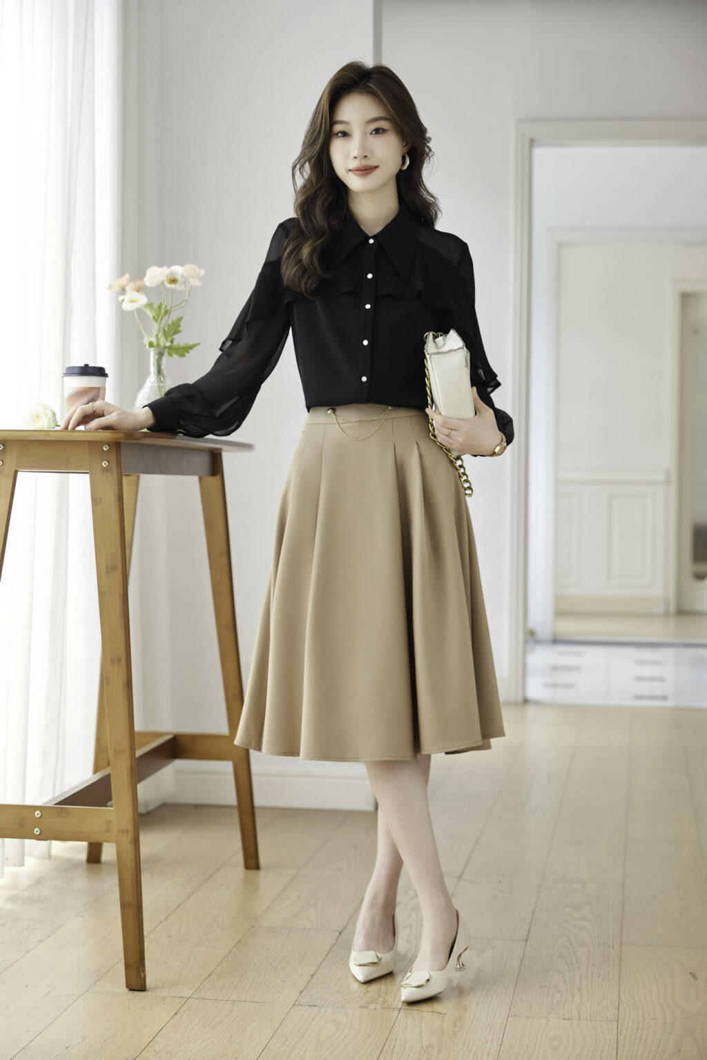 PN3648-1 เสื้อเชิ้ตทำงานผู้หญิงสีดำคอปกแต่งกระดุมแต่งแขนยาวซีทรู