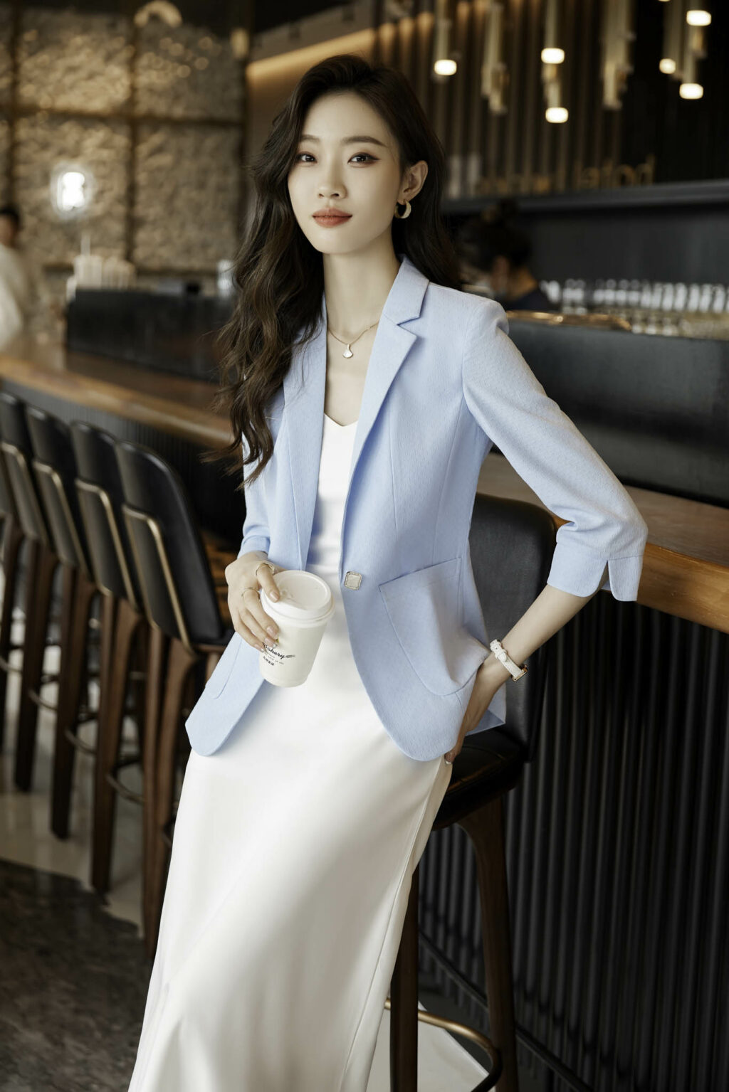 PN3669-7 เสื้อสูทเบลเซอร์ทำงานผู้หญิงสีฟ้าปกป้านแขนสามส่วน