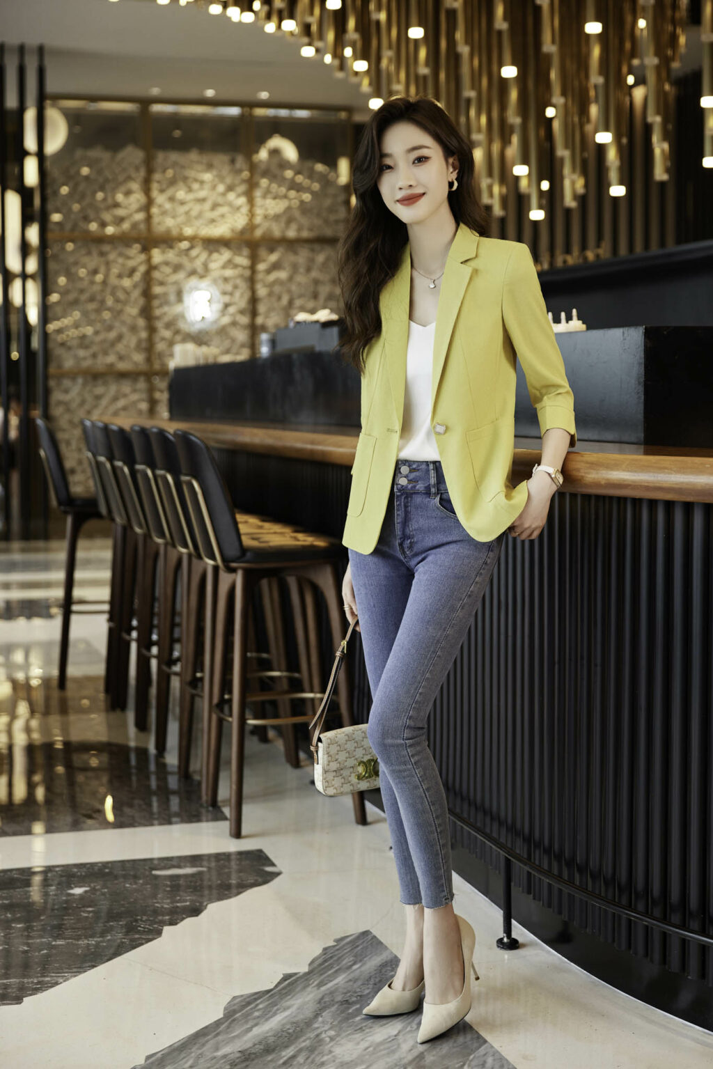 PN3670-1 เสื้อสูทเบลเซอร์ทำงานผู้หญิงสีเหลืองปกป้านแขนสามส่วน