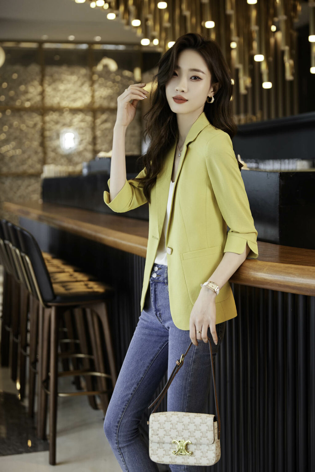 PN3670-3 เสื้อสูทเบลเซอร์ทำงานผู้หญิงสีเหลืองปกป้านแขนสามส่วน