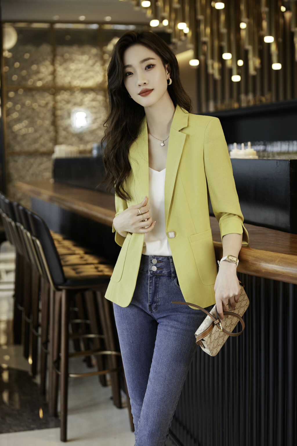 PN3670-5 เสื้อสูทเบลเซอร์ทำงานผู้หญิงสีเหลืองปกป้านแขนสามส่วน