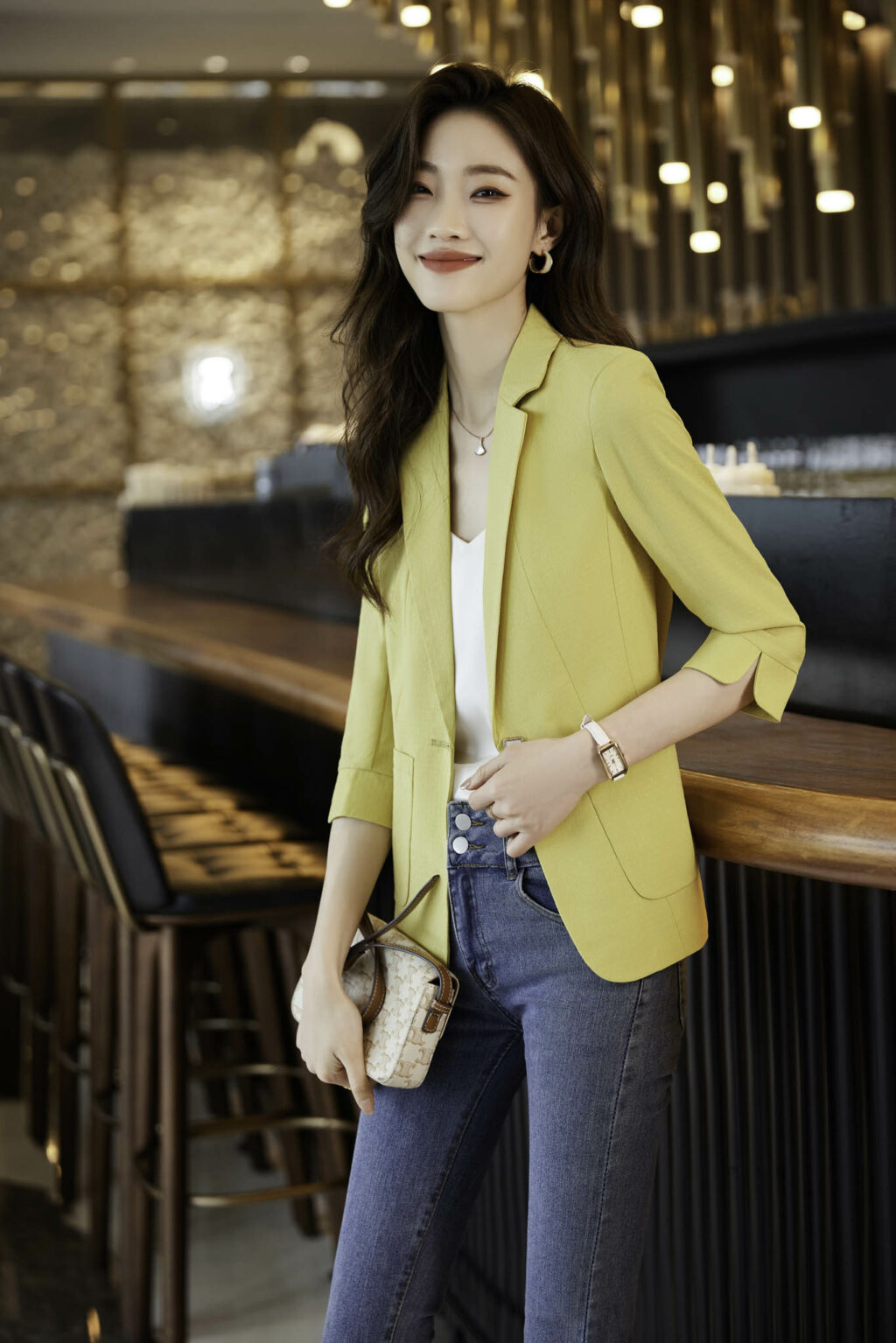 PN3670-6 เสื้อสูทเบลเซอร์ทำงานผู้หญิงสีเหลืองปกป้านแขนสามส่วน