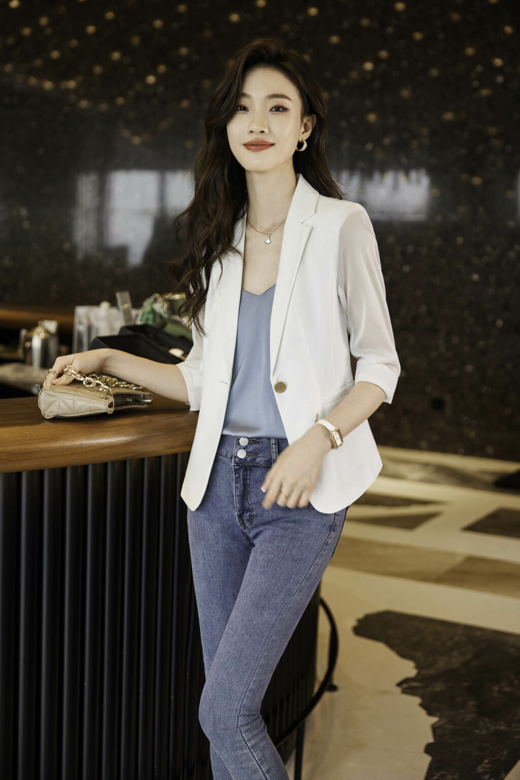 PN3671-1 เสื้อสูทเบลเซอร์ทำงานผู้หญิงสีขาวปกป้านแขนสามส่วนซีทรู