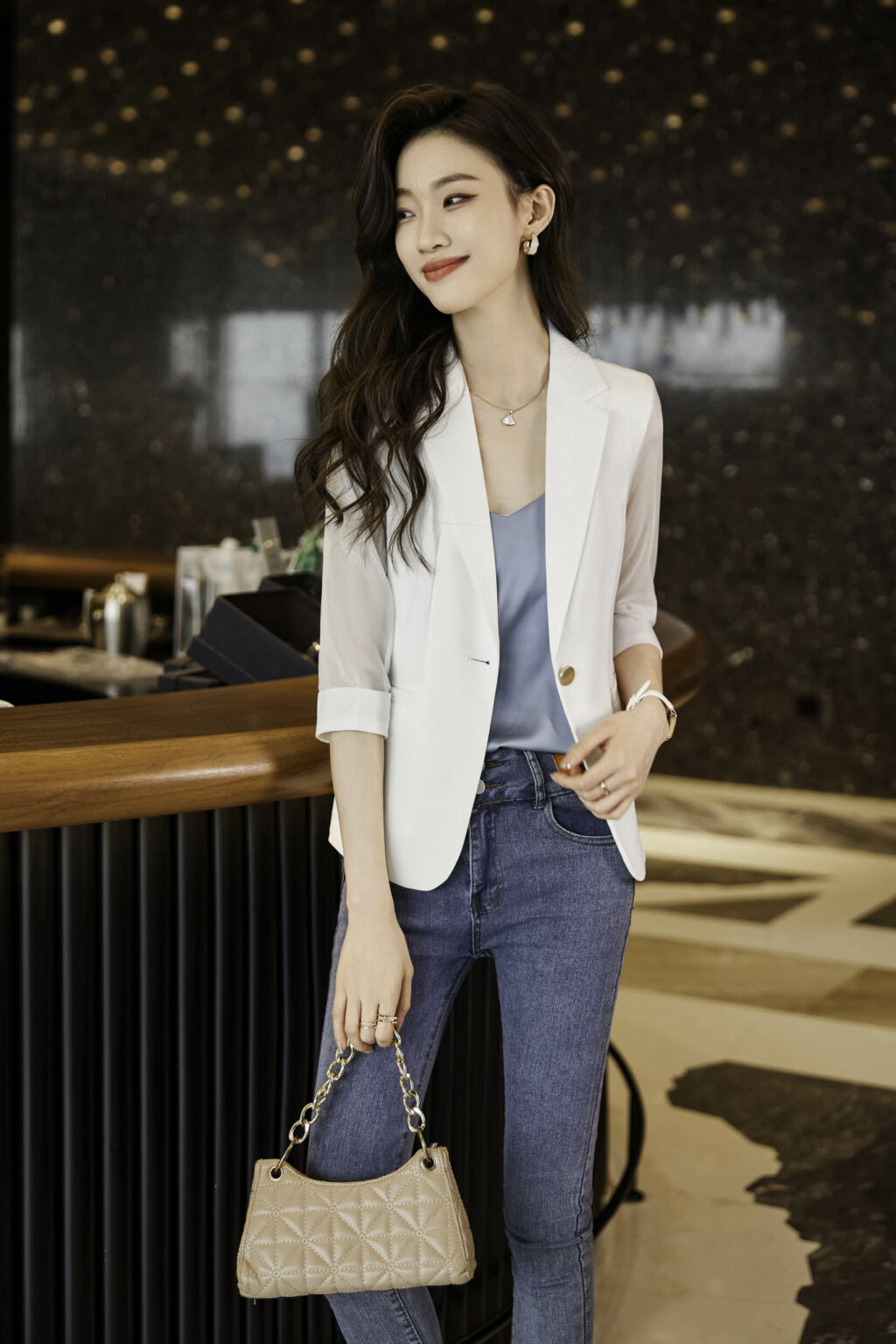 PN3671-3 เสื้อสูทเบลเซอร์ทำงานผู้หญิงสีขาวปกป้านแขนสามส่วนซีทรู