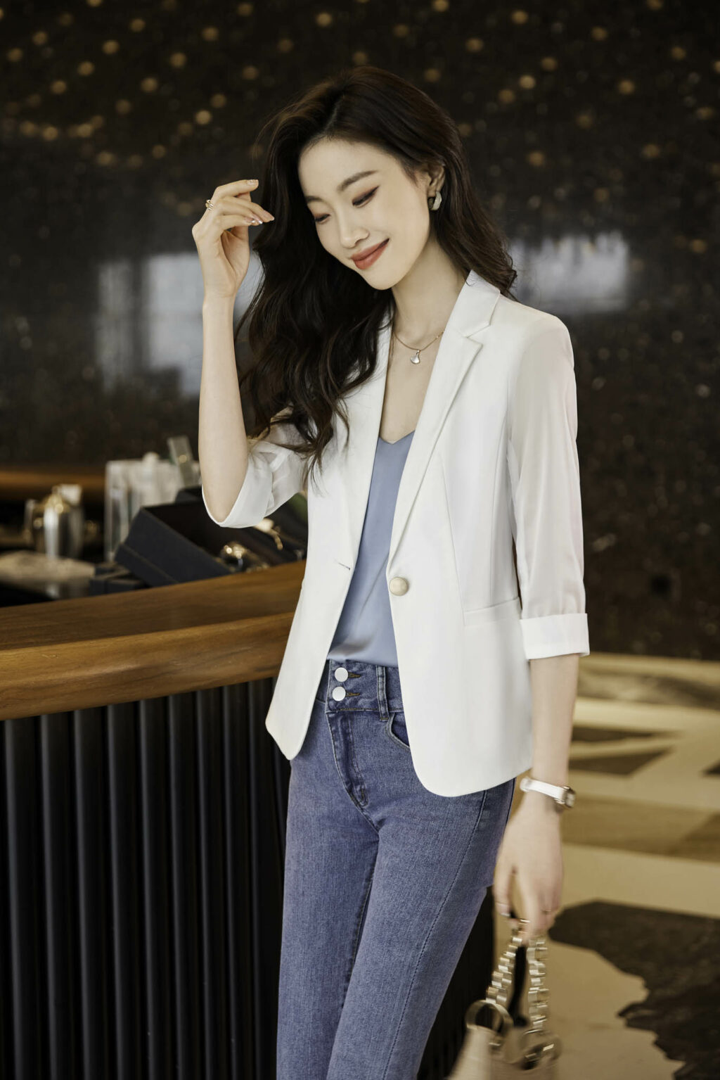 PN3671-4 เสื้อสูทเบลเซอร์ทำงานผู้หญิงสีขาวปกป้านแขนสามส่วนซีทรู