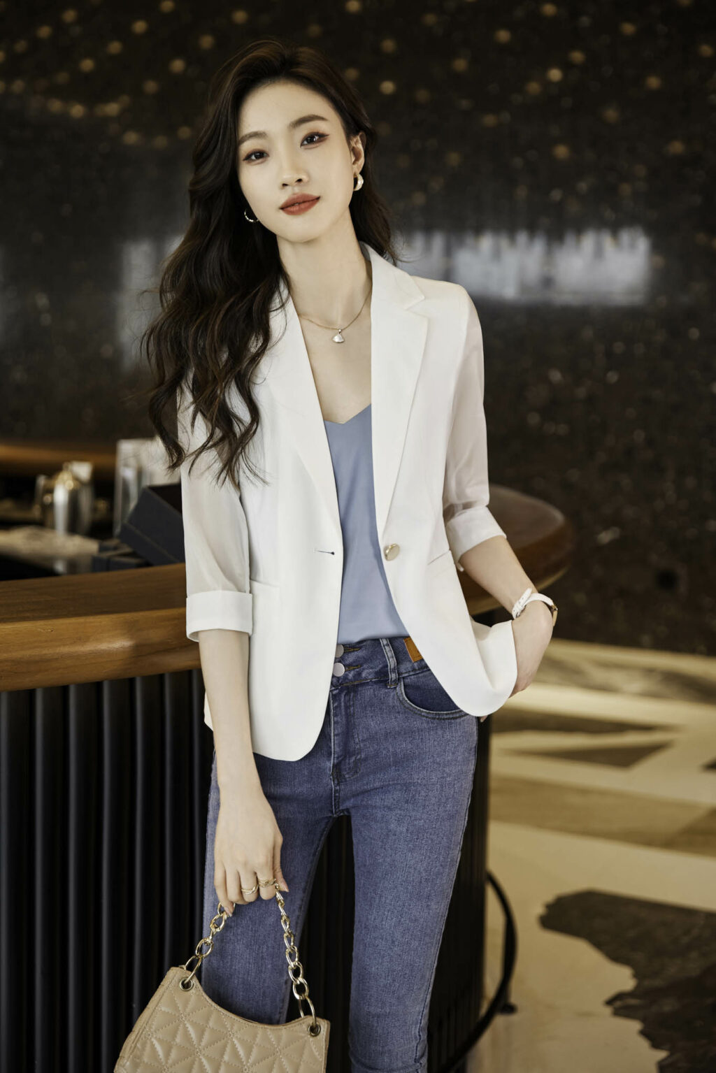 PN3671-5 เสื้อสูทเบลเซอร์ทำงานผู้หญิงสีขาวปกป้านแขนสามส่วนซีทรู