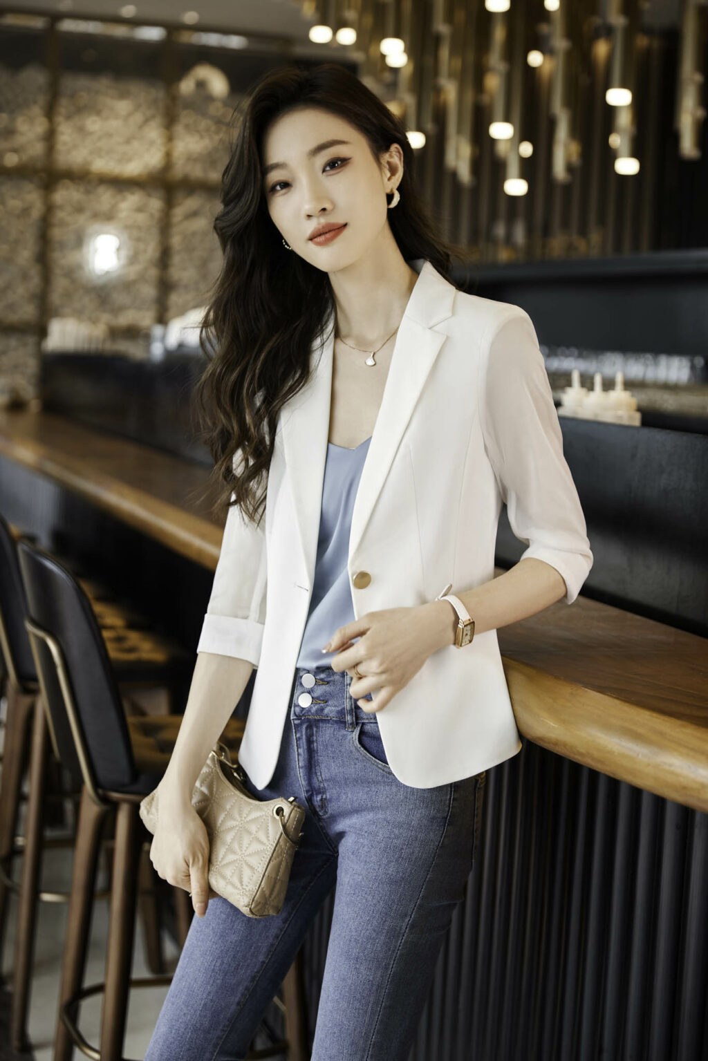 PN3671-7 เสื้อสูทเบลเซอร์ทำงานผู้หญิงสีขาวปกป้านแขนสามส่วนซีทรู