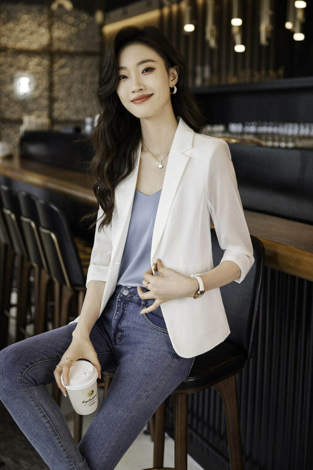 PN3671-8 เสื้อสูทเบลเซอร์ทำงานผู้หญิงสีขาวปกป้านแขนสามส่วนซีทรู