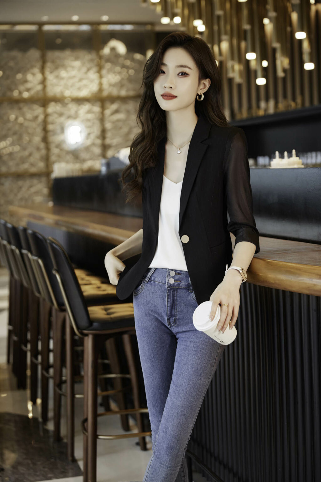 PN3673-1 เสื้อสูทเบลเซอร์ทำงานผู้หญิงสีดำปกป้านแขนสามส่วนซีทรู