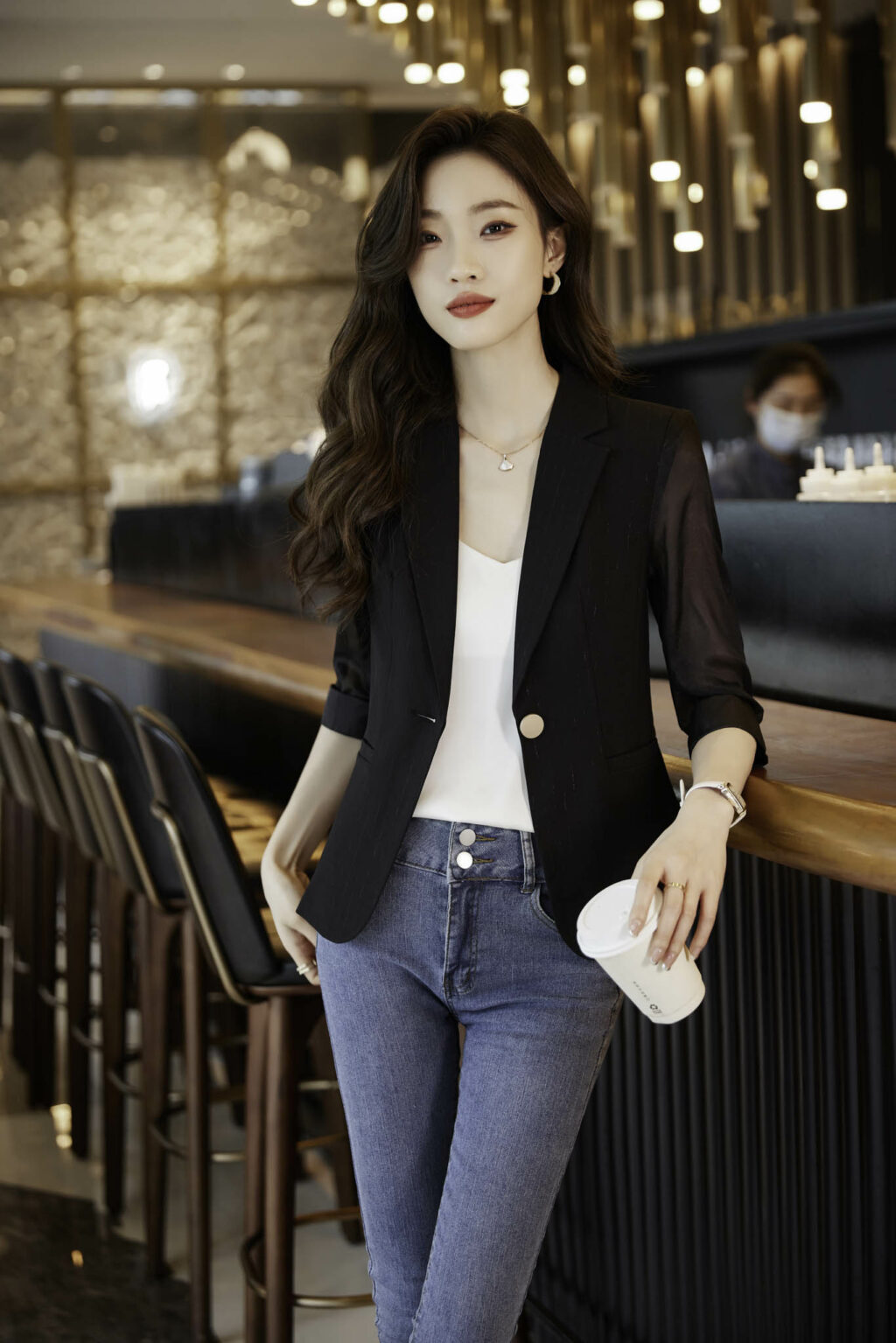 PN3673-4 เสื้อสูทเบลเซอร์ทำงานผู้หญิงสีดำปกป้านแขนสามส่วนซีทรู