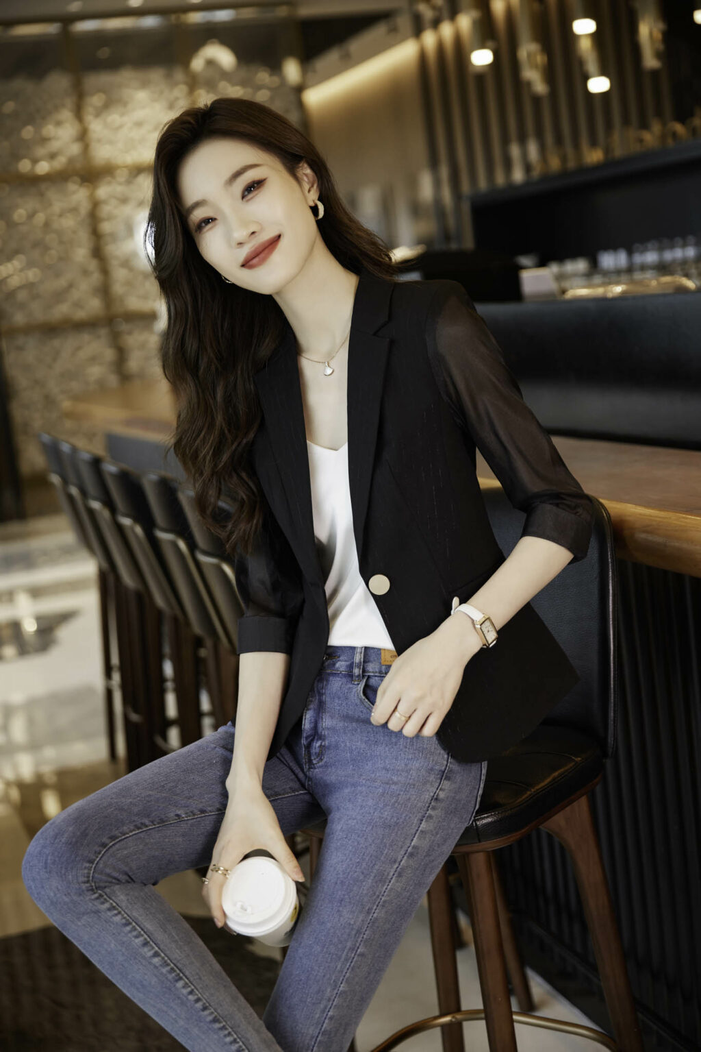 PN3673-5 เสื้อสูทเบลเซอร์ทำงานผู้หญิงสีดำปกป้านแขนสามส่วนซีทรู