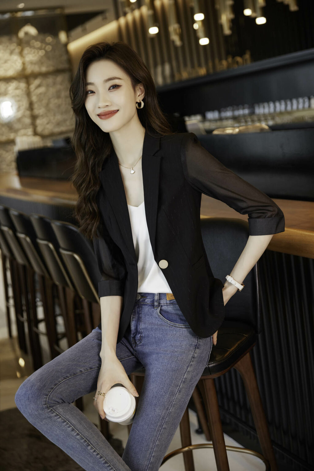 PN3673-6 เสื้อสูทเบลเซอร์ทำงานผู้หญิงสีดำปกป้านแขนสามส่วนซีทรู