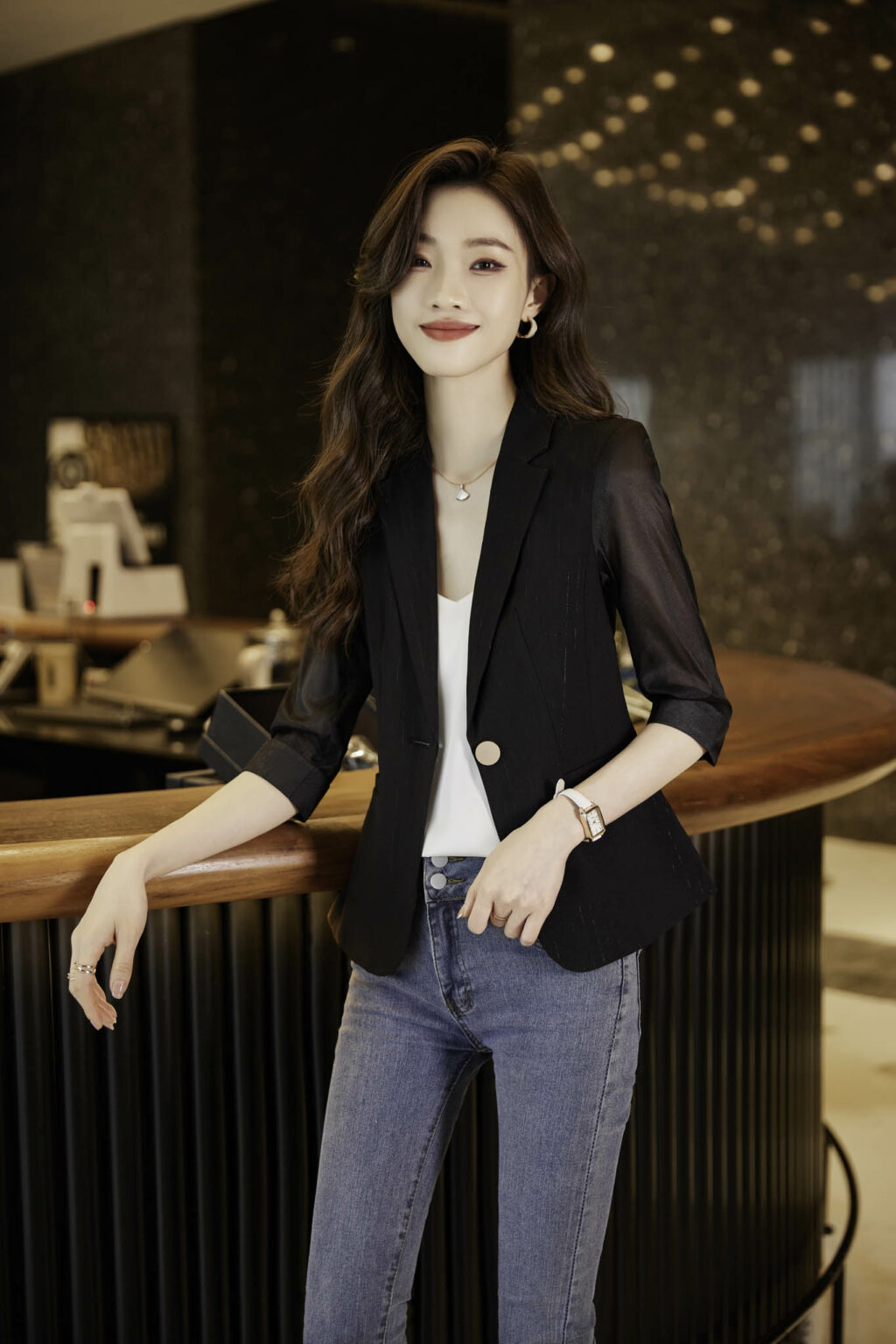 PN3673-7 เสื้อสูทเบลเซอร์ทำงานผู้หญิงสีดำปกป้านแขนสามส่วนซีทรู