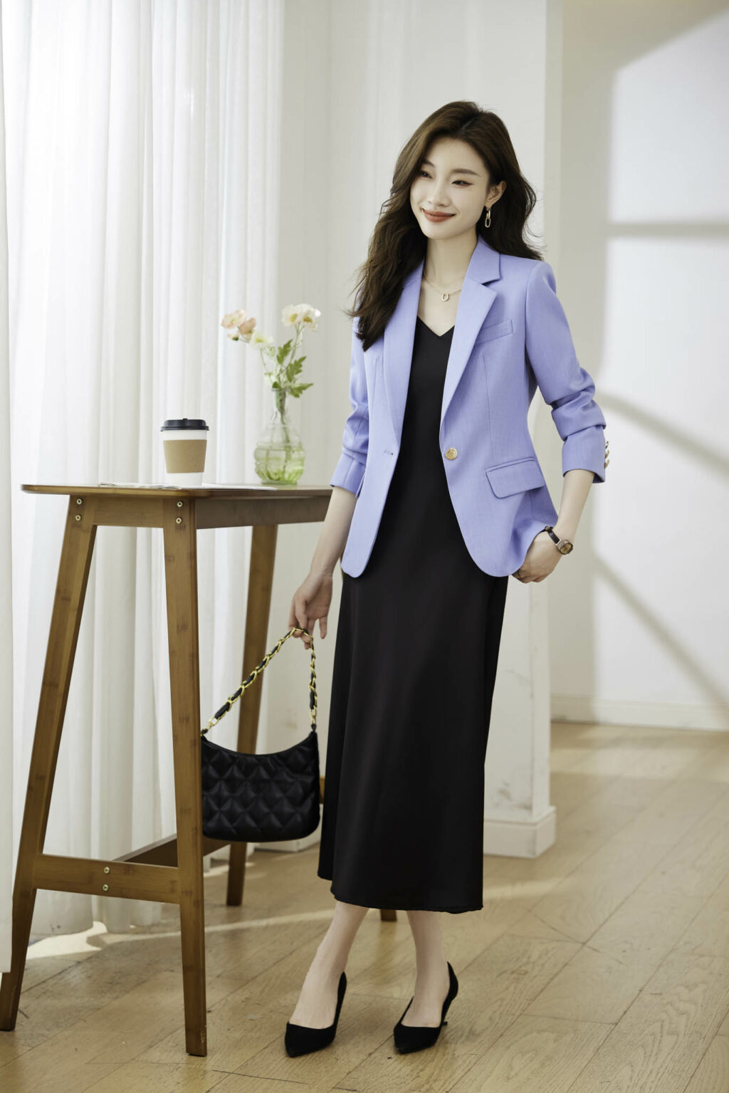 PN3677-1 เสื้อเบลเซอร์ผู้หญิงสีฟ้าปกป้านแต่งกระดุมแขนยาว