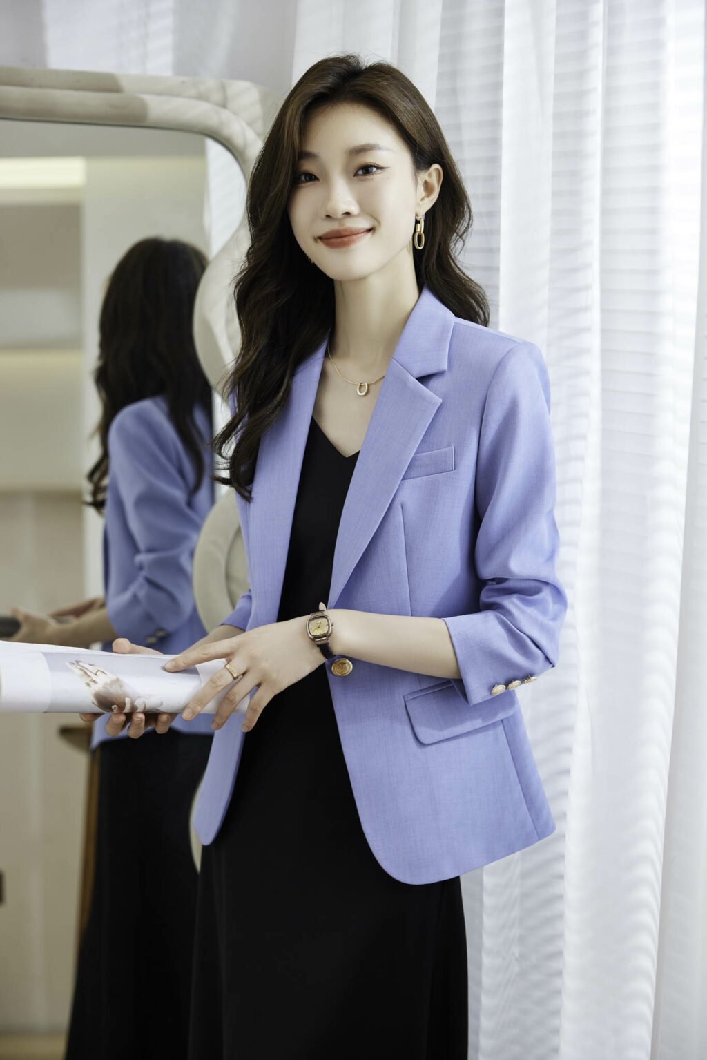 PN3677-8 เสื้อเบลเซอร์ผู้หญิงสีฟ้าปกป้านแต่งกระดุมแขนยาว