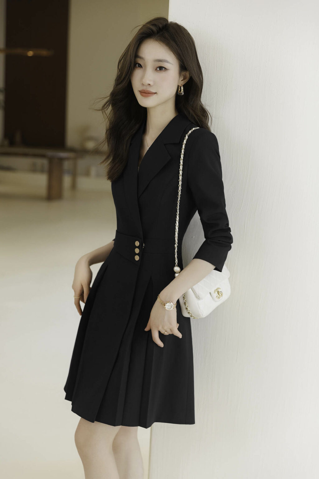 PN3699-4 เดรสทำงานผู้หญิงสีดำปกป้านแต่งกระดุมหน้าแขนยาว
