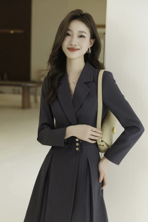เดรสทำงานผู้หญิงสีเทาปกป้านแต่งกระดุมหน้าแขนยาว