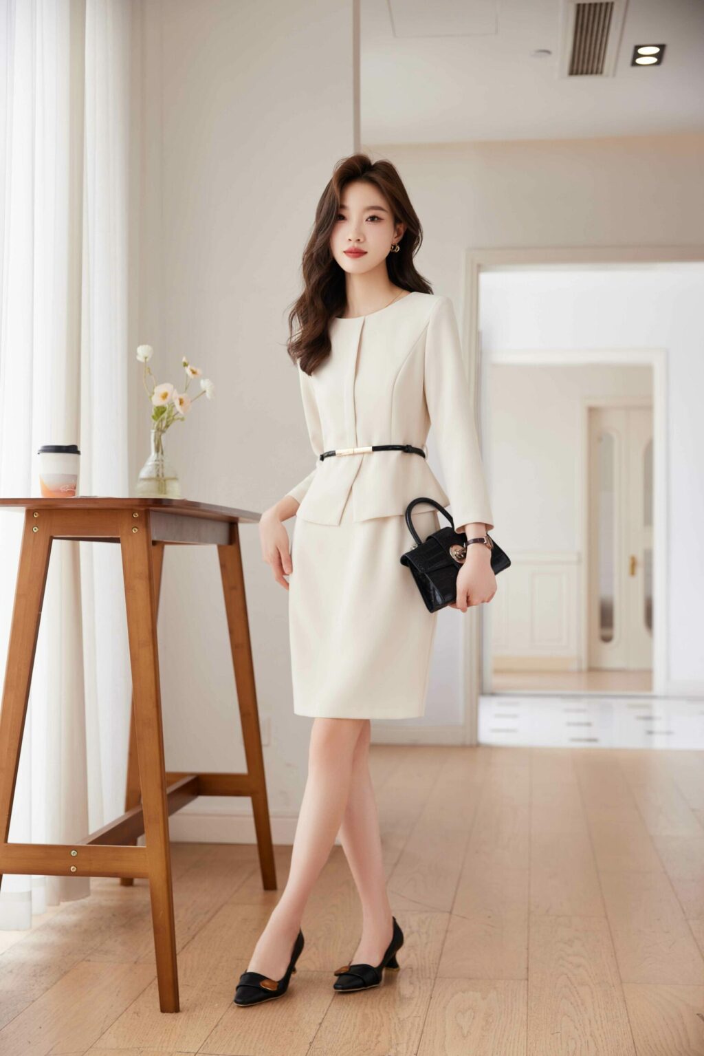 PN3704-1 เดรสทำงานผู้หญิงสีครีมคอกลมแขนแปดส่วน