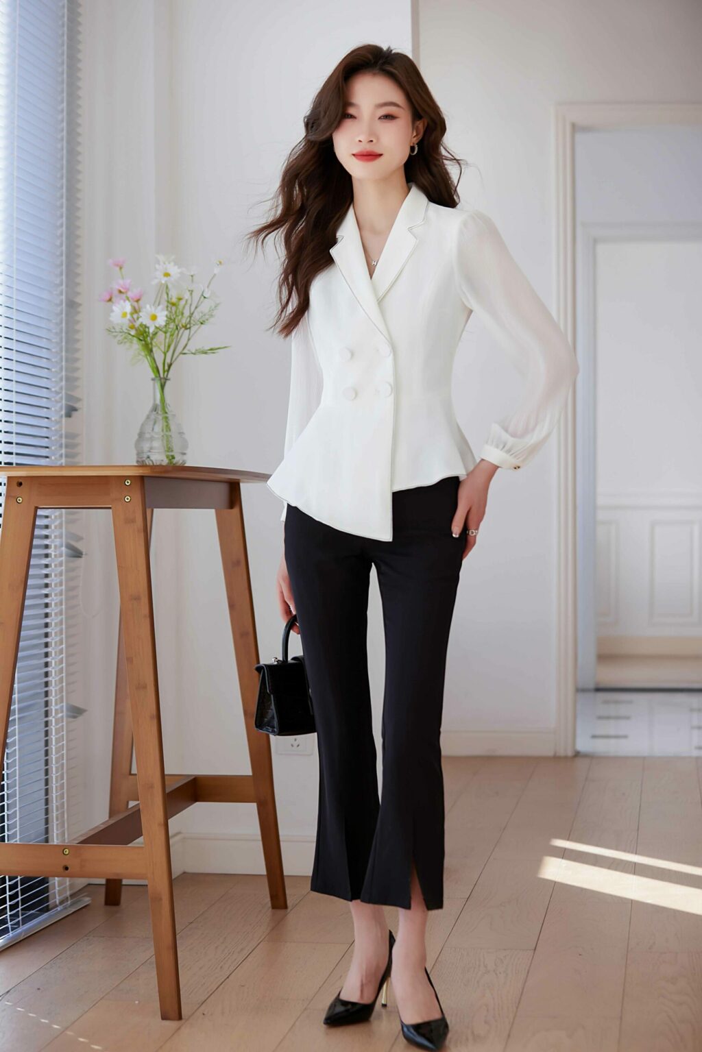 PN3706-1 เสื้อสูทเบลเซอร์ทำงานผู้หญิงสีขาวปกป้านแขนยาวซีทรู