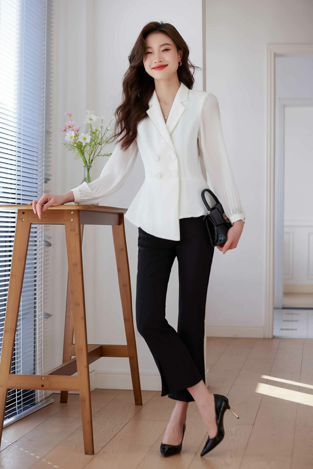 PN3706-3 เสื้อสูทเบลเซอร์ทำงานผู้หญิงสีขาวปกป้านแขนยาวซีทรู