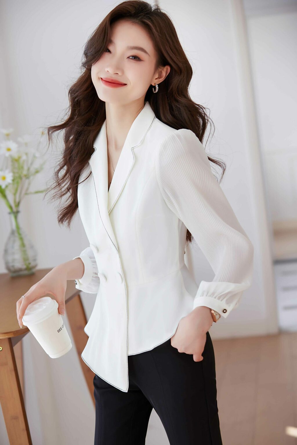 PN3706-5 เสื้อสูทเบลเซอร์ทำงานผู้หญิงสีขาวปกป้านแขนยาวซีทรู