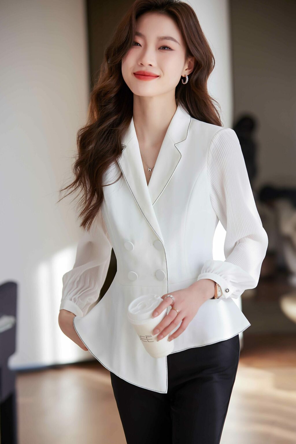PN3706-6 เสื้อสูทเบลเซอร์ทำงานผู้หญิงสีขาวปกป้านแขนยาวซีทรู